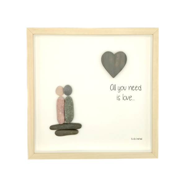 Κάδρο με βότσαλα "All you need is love" (διαστάσεις 23x23x3) - ξύλο, πίνακες & κάδρα, δώρα γάμου, ζευγάρια, δώρα αγίου βαλεντίνου
