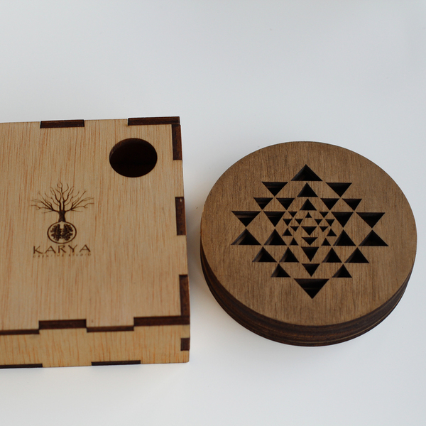 Ξύλινα Σουβέρ με laser cut χάραξη/κοπή - Sri Yantra Dark - ξύλο, personalised, διακοσμητικά, είδη σερβιρίσματος, ξύλινα σουβέρ