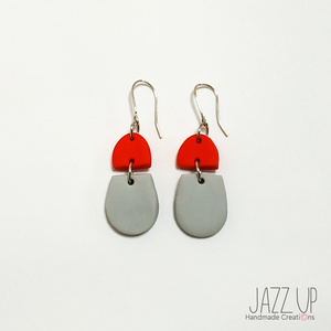 "Bliss Earrings" - Κρεμαστά σκουλαρίκια από κόκκινο & γκρι πολυμερή πηλό - ασήμι 925, πηλός, μακριά, κρεμαστά, φθηνά - 2