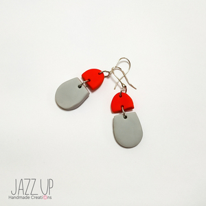 "Bliss Earrings" - Κρεμαστά σκουλαρίκια από κόκκινο & γκρι πολυμερή πηλό - ασήμι 925, πηλός, μακριά, κρεμαστά, φθηνά - 3