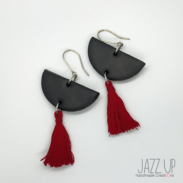 "Playful Dream Earrings" - Κρεμαστά σκουλαρίκια από πολυμερή πηλό με κόκκινες φούντες - ασήμι 925, με φούντες, πηλός, boho, κρεμαστά - 2