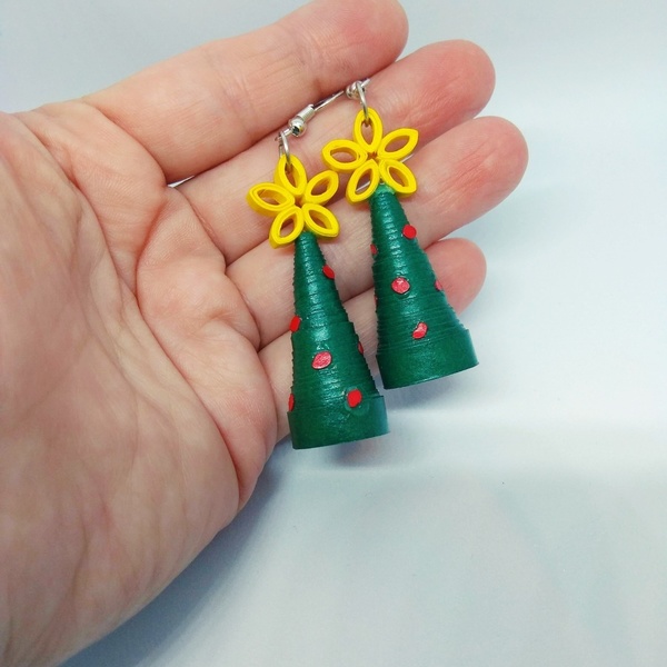 Σκουλαρίκι χριστουγενιατικο δέντρο φτιαγμένο με την τεχνική Quilling. - δώρο, κρεμαστά, μοδάτο, χριστουγεννιάτικα δώρα, φθηνά - 4
