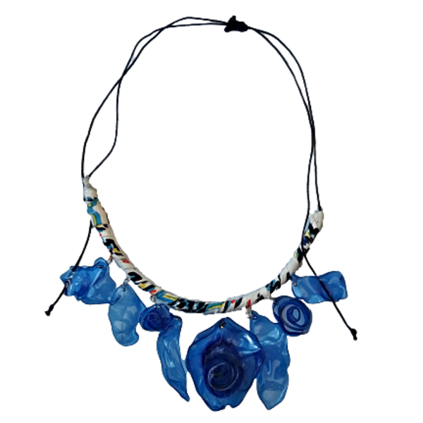 κολιέ χαμόγελο μπλε πλαστικά λουλούδια και ύφασμα - ύφασμα, γυναικεία, κοντά, λουλούδι, φθηνά