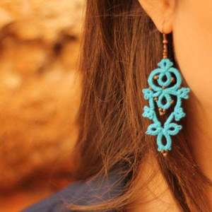 Boho blue lace σκουλαρίκια - γυαλί, μακριά, boho, κρεμαστά, γάντζος, φθηνά - 5