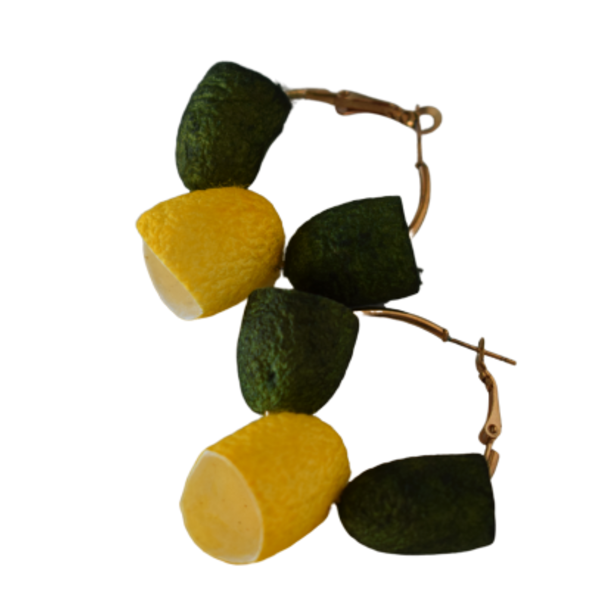 Χρυσοί κρίκοι με κίτρινα και πράσινα μεταξωτά κουκούλια - κρίκοι, ατσάλι, boho, faux bijoux, φθηνά
