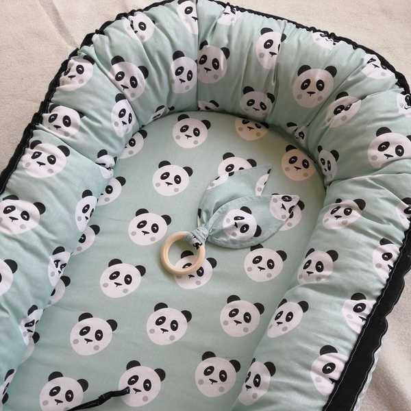 Φωλιά μωρού (baby nest) και ξύλινο μασητικό Pandas - δώρο, βρεφικά, μασητικό, μαξιλάρια - 2