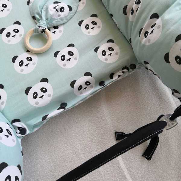 Φωλιά μωρού (baby nest) και ξύλινο μασητικό Pandas - δώρο, βρεφικά, μασητικό, μαξιλάρια - 4