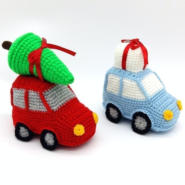 Πλεκτό αυτοκινητάκι με Χριστουγεννιάτικο δέντρο - λούτρινα, διακοσμητικά, amigurumi, χριστουγεννιάτικα δώρα, Black Friday - 3
