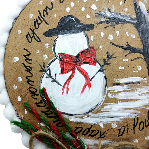 Κρεμαστό Ξύλινο διακοσμητικό χιονανθρωπος με ευχες. - ζωγραφισμένα στο χέρι, διακοσμητικά, χριστουγεννιάτικα δώρα, ξύλινα διακοσμητικά - 2