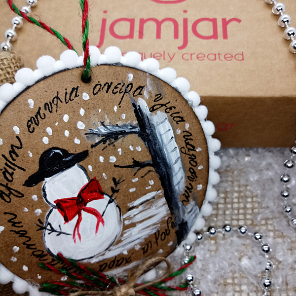 Κρεμαστό Ξύλινο διακοσμητικό χιονανθρωπος με ευχες. - ζωγραφισμένα στο χέρι, διακοσμητικά, χριστουγεννιάτικα δώρα, ξύλινα διακοσμητικά - 3