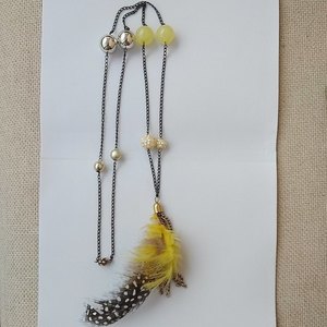 κολιέ μακρύ αλυσίδα κίτρινο φτερό πουά - γυναικεία, φτερό, χάντρες, μακριά, φθηνά - 4