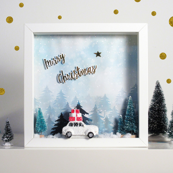 Χριστουγεννιάτικο Κάδρo "Το χιονισμένο αμαξάκι φορτωμένο με δώρα" - ξύλο, χειροποίητα, διακοσμητικά, χριστουγεννιάτικα δώρα, δέντρο - 3