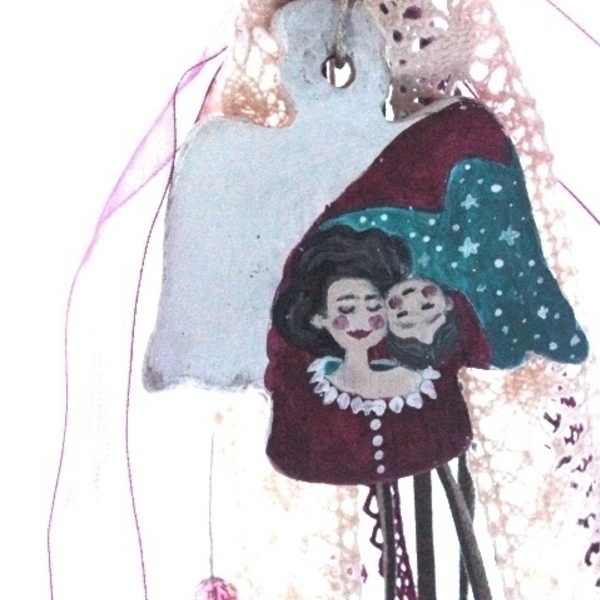 "happy family angel " κρεμαστό γούρι άγγελος, κεραμικὀ ,ζωγραφισμένο στο χέρι - πρωτότυπα δώρα, αγγελάκι, γούρια - 3