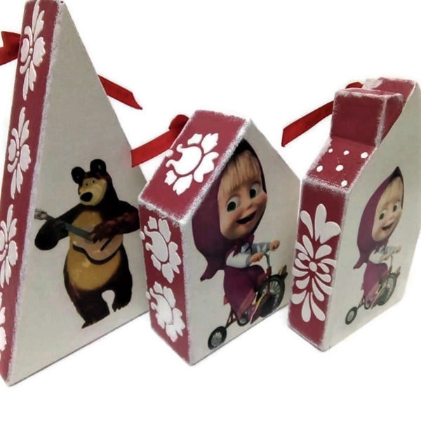Ξυλινα Χριστουγεννιατικα Στολιδια Σπιτάκια - Μασα και ο Αρκουδος - χειροποίητα, δώρα για παιδιά, διακοσμητικά, χριστουγεννιάτικα δώρα, ξύλινα διακοσμητικά - 3