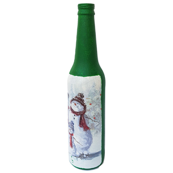 Διακοσμητικό Γυάλινο Μπουκάλι Ντεκουπάζ για Χριστούγεννα (Χιονάνθρωποι) - διακοσμητικά, χριστούγεννα, χριστουγεννιάτικα δώρα, στολισμός τραπεζιού - 4