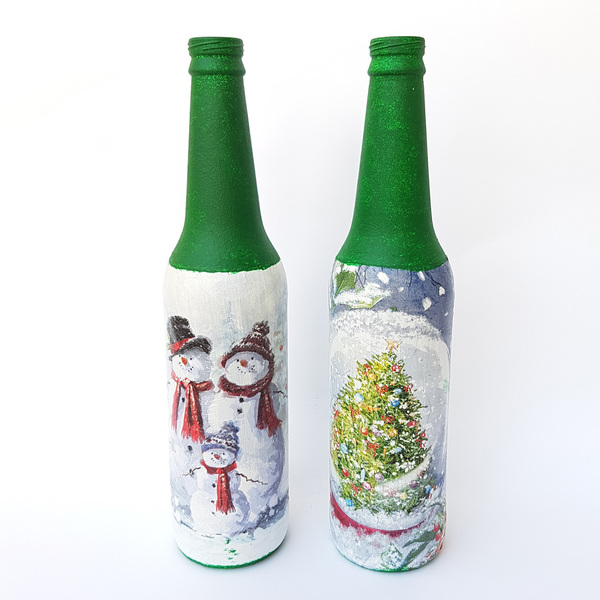Διακοσμητικό Γυάλινο Μπουκάλι Ντεκουπάζ για Χριστούγεννα (Χιονάνθρωποι) - διακοσμητικά, χριστούγεννα, χριστουγεννιάτικα δώρα, στολισμός τραπεζιού - 5