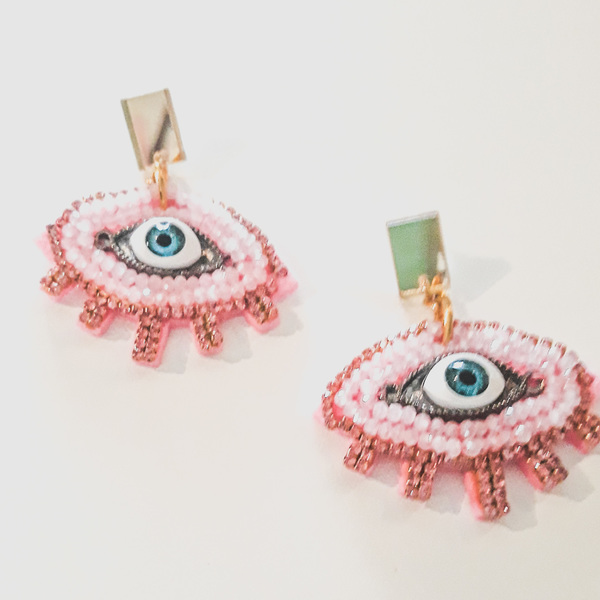 Boho ροζ σκουλαρίκια - swarovski, πέτρες, μάτι, evil eye, κρεμαστά