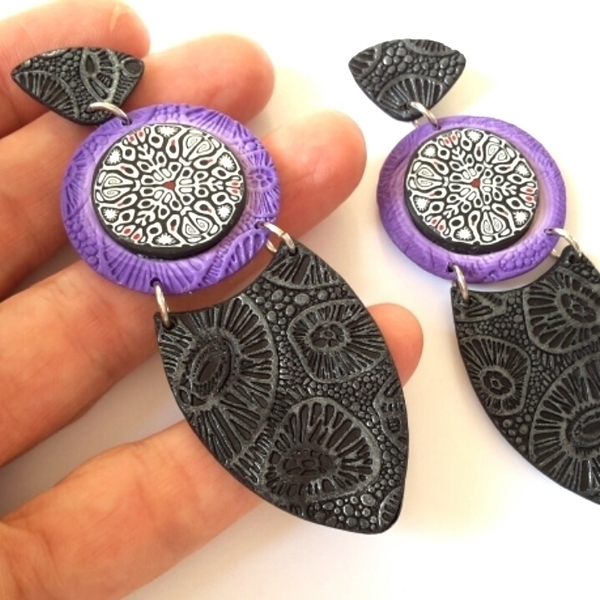 Polymer Clay Dangle Earrings - πηλός, ατσάλι, κρεμαστά, μεγάλα, μεγάλα - 2