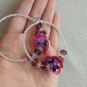 ρομαντικά σκουλαρίκια κρίκοι με λουλούδια ροζ μώβ - γυαλί, λουλούδια, πέτρες, κρεμαστά, μεγάλα - 4