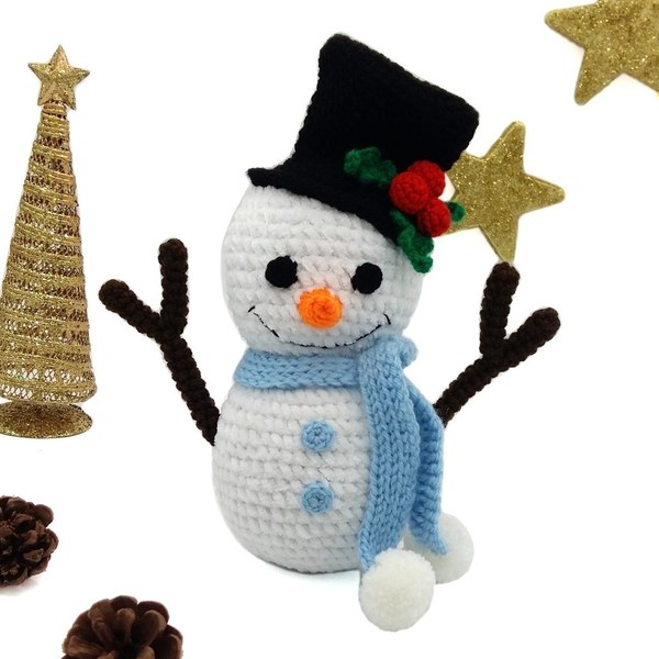 Πλεκτός Χιονάνθρωπος - λούτρινα, χριστουγεννιάτικο, διακοσμητικά, amigurumi, χιονάνθρωπος - 2