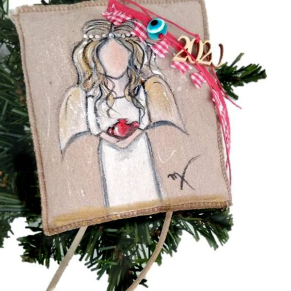 Γούρι 2020 ζωγραφισμένο μαξιλαράκι" Angel" - ζωγραφισμένα στο χέρι, χριστουγεννιάτικο, γούρια - 2