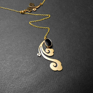 " Black onyx Lariat " Χειροποίητο επίχρυσο μενταγιόν σε lariat style - ημιπολύτιμες πέτρες, vintage, επιχρυσωμένα, μακριά - 2