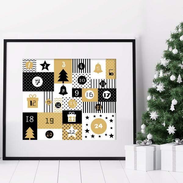 Χριστουγεννιάτικο Καδράκι με "Hμερολόγιο Aντίστροφης Mέτρησης" σε τόνους του μαύρο-χρυσό |21x30 - ξύλο, αστέρι, δώρα για παιδιά, χριστουγεννιάτικα δώρα - 3