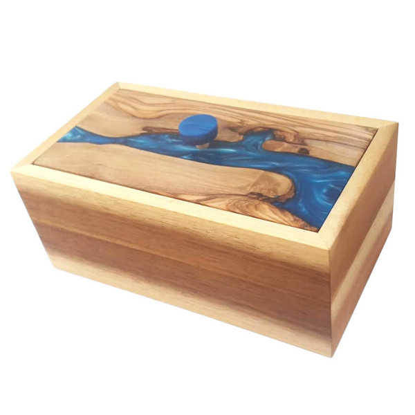 Χειροποίητο μπλε κουτί κοσμημάτων από ξύλο και ρητίνη - κουτί, εποξική ρητίνη - 3