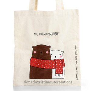 Πάνινη τσάντα Ζωγραφισμένη στο χέρι ♥ Αρκουδάκια - κασκόλ, ώμου, χειμώνας, πάνινες τσάντες, φθηνές