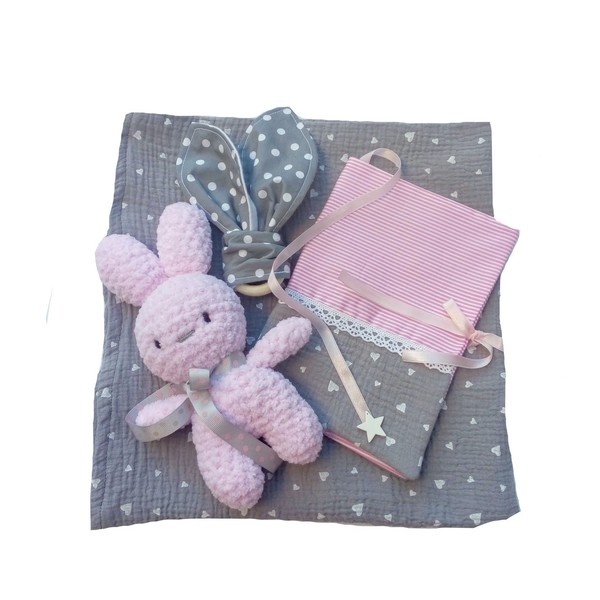 Gift box για κορίτσι "Ροζ κουνελάκι" (4 κομμάτια) - κορίτσι, λούτρινα, θήκες βιβλιαρίου, μασητικό, σετ δώρου