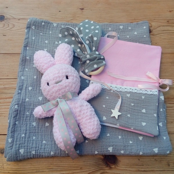 Gift box για κορίτσι "Ροζ κουνελάκι" (4 κομμάτια) - κορίτσι, λούτρινα, θήκες βιβλιαρίου, μασητικό, σετ δώρου - 2