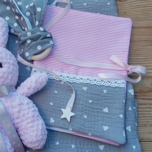 Gift box για κορίτσι "Ροζ κουνελάκι" (4 κομμάτια) - κορίτσι, λούτρινα, θήκες βιβλιαρίου, μασητικό, σετ δώρου - 3
