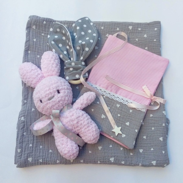 Gift box για κορίτσι "Ροζ κουνελάκι" (4 κομμάτια) - κορίτσι, λούτρινα, θήκες βιβλιαρίου, μασητικό, σετ δώρου - 5