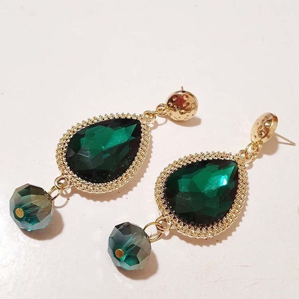 σκουλαρίκια 'emerald drops' με σμαραγδί κρύσταλλα - επιχρυσωμένα, πέτρες, μακριά, κρεμαστά, faux bijoux - 2