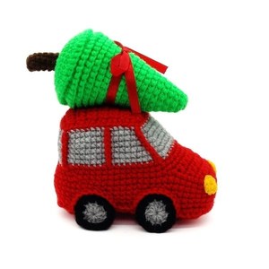 Πλεκτό αυτοκινητάκι κόκκινο - λούτρινα, χριστουγεννιάτικο, amigurumi, στολίδι δέντρου
