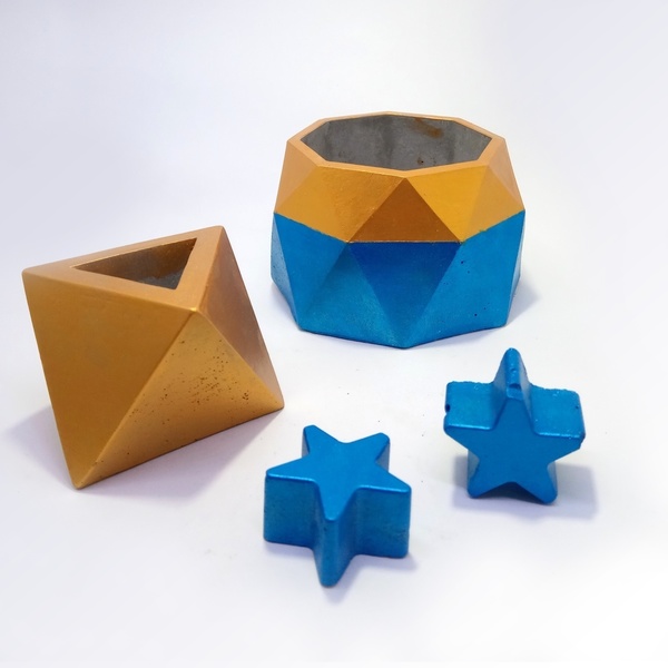 Γλαστράκι //yugen golden blue - τσιμέντο, γεωμετρικά σχέδια, κασπώ, χριστουγεννιάτικο, σκυρόδεμα - 3