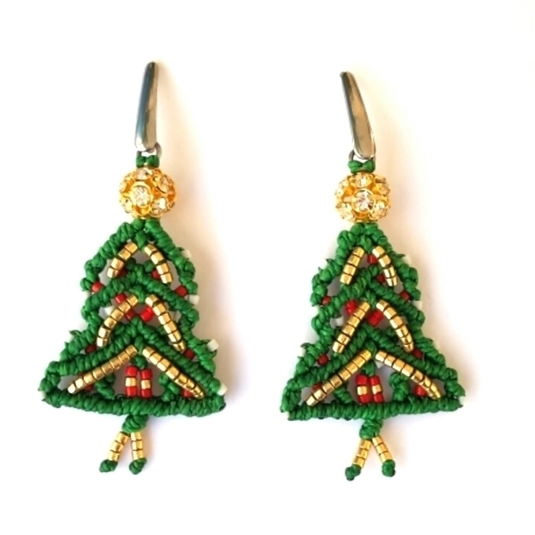 Christmas Earrings, Macrame Earrings,Christmas Tree Earrings - μακραμέ, ατσάλι, κρεμαστά - 3