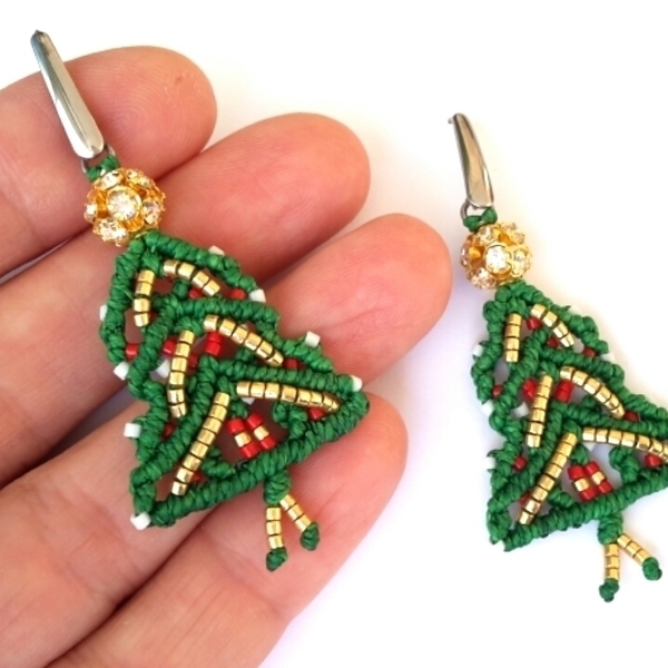 Christmas Earrings, Macrame Earrings,Christmas Tree Earrings - μακραμέ, ατσάλι, κρεμαστά - 4