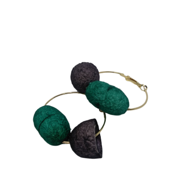 Green & black silk cocoons - επιχρυσωμένα, κρίκοι, ατσάλι, boho, πρωτότυπα δώρα