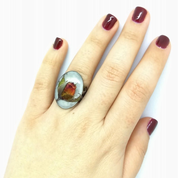 Δαχτυλίδι με αποξηραμένο τριαντάφυλλο - μπρούντζος, μεγάλα, αυξομειούμενα, φθηνά - 4
