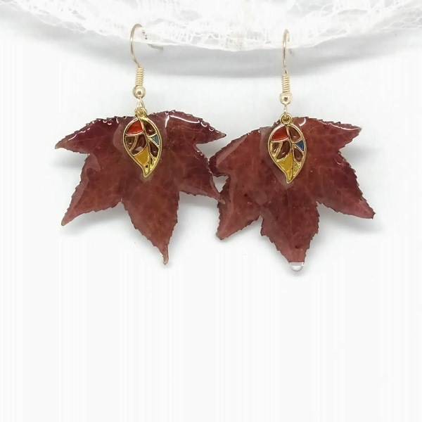 Κρεμαστά σκουλαρίκια με αποξηραμένα φθινοπωρινά φύλλα - γυαλί, μπρούντζος, κρεμαστά