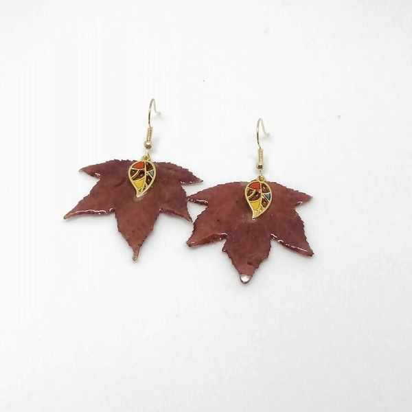 Κρεμαστά σκουλαρίκια με αποξηραμένα φθινοπωρινά φύλλα - γυαλί, μπρούντζος, κρεμαστά - 2