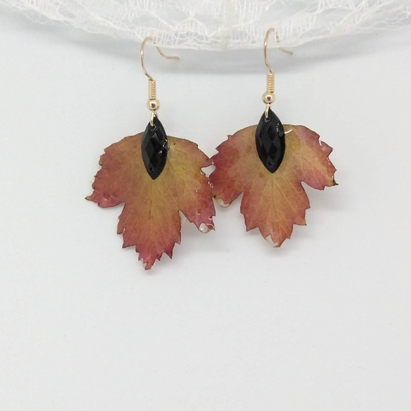 Σκουλαρίκια με αποξηραμένα φθινοπωρινά φύλλα, μαύρο στοιχείο - γυαλί, μπρούντζος, κρεμαστά - 3