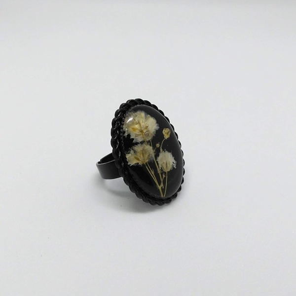 Δαχτυλίδι μαύρο με αποξηραμένα λουλούδια - λουλούδι, μπρούντζος, μεγάλα, αυξομειούμενα, φθηνά - 2
