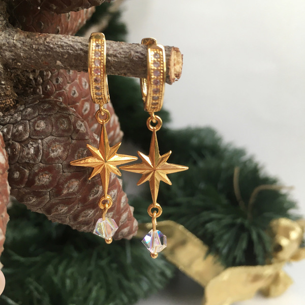 Γιορτινά σκουλαρίκια κρίκοι με αστεράκι και Swarovski - επιχρυσωμένα, ορείχαλκος, αστέρι, κρίκοι, μικρά - 3