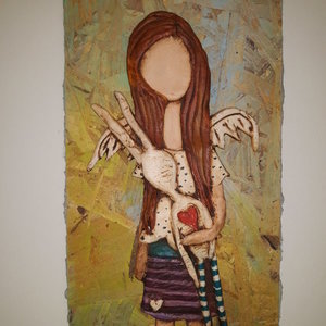 Πίνακας από πηλό "Κορίτσι με λαγό" - πίνακες & κάδρα, πηλός, χειροποίητα, διακοσμητικά, πρωτότυπα δώρα - 2