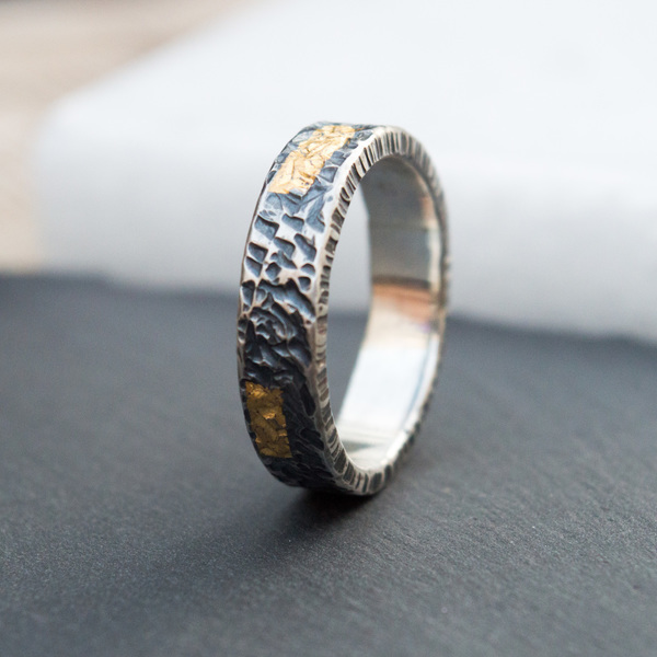 Ασημένιο δαχτυλίδι με 24 Κ φύλλο χρυσού - ανδρικά, δαχτυλίδια - 2