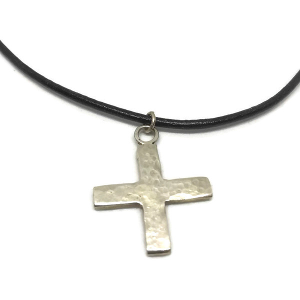 Αντρικός σταυρός από ασήμι σφυρηλατιμένος - δέρμα, ασήμι 925, σφυρήλατο, σταυροί