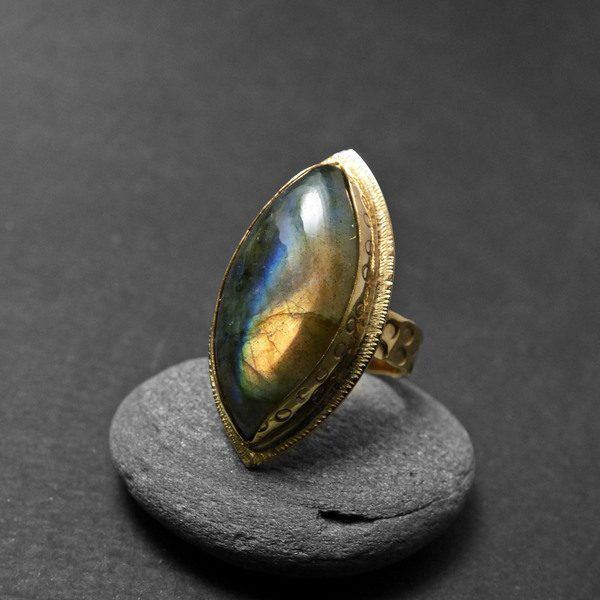 " Gold Labradorite " - Xειροποίητο επίχρυσο δαχτυλίδι με Λαβραδορίτη! - ημιπολύτιμες πέτρες, επιχρυσωμένα, ορείχαλκος, boho, αυξομειούμενα, φθηνά - 2