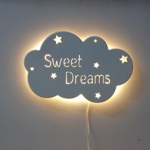 Χειροποίητο ξύλινο φωτιστικό συννεφάκι Sweet Dreams - παιδικά φωτιστικά, ξύλινα διακοσμητικά τοίχου - 3